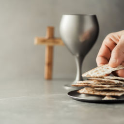 Hands with chalice and communion matzo bread, wooden cross on grey background. Christian communion for reminder of Jesus sacrifice. Easter passover. Eucharist concept. Christianity symbol and faith.
